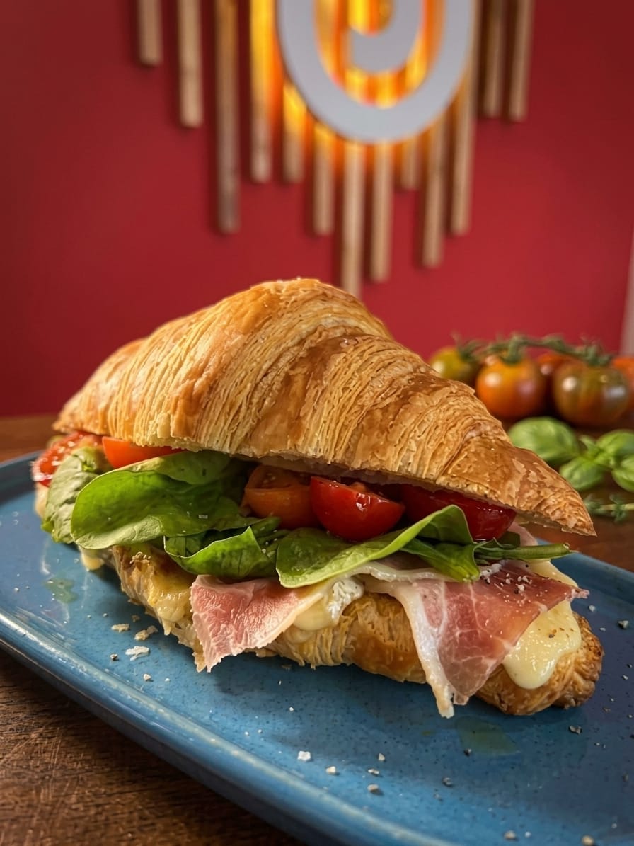Croissant crudo, queso y rúcula